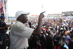 Governor Adams Oshiomhole addresses teeming supporters of the All Progressives Congress at the flag-off of the gubernatorial campaign of the All Progressives Congress for the September 10 election in the state, at the Samuel Ogbemudia Stadium, Benin City, on Saturday.