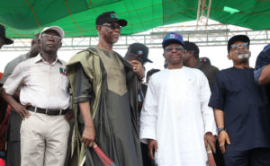 From left: Governor Adams Oshiomhole, Chief John Odigie-Oyegun, APC National Chairman, Dr Osagie Ehanire, Minister of State for Health and Dr Chris Ngige, Minister of Labour and Employment at the flag-off of the gubernatorial campaign of the All Progressives Congress for the September 10 election in the state, at the Samuel Ogbemudia Stadium, Benin City, on Saturday.