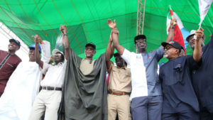 From left: Comrade Peter Esele, Dr Osagie Ehanire, Minister of State for Health; Governor Adams Oshiomhole; Chief John Odigie-Oyegun, APC National Chairman;  Hon Philip Shaibu, APC gubernatorial running mate; Mr Godwin Obaseki. APC Gubernatorial candidate;  Dr Chris Ngige, Minister of Labour and Employment and Senator Osita Izunaso at the flag-off of the gubernatorial campaign of the All Progressives Congress for the September 10 election in the state, at the Samuel Ogbemudia Stadium, Benin City, on Saturday.