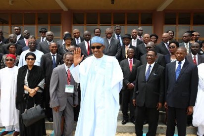 President Buhari with L-R: Chief Justice of Nigeria Justice Mahmud Mohammed, Chairman Presidential Advisory Committee against Corruption Prof. Itse Sagay, Attorney General of the Federation Abubakar Malami, President Comonwealth Judges and Magistrate Association Hon. Justice John Vertes and Administrator National Judicial Institute Hon. Justice RPI Bozimo as President Buhari declares Open The International Workshop on Criminal Justice Administration, Development and ACJA 2015 at the National Judicial Institute Abuja on 18th July 2016