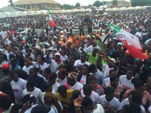 Mammoth crowd of enthusiastic PDP members and supporters at the Pastor Osagie Ize-Iyamu gubernatorial election campaign flag-off in Uromi, Esan Northeast Local Government Area of Edo State on Saturday