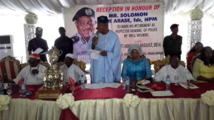 Retered Ispector General of Police, Mr. Solomon Arase delivering his at the reception party, marking his retirement.