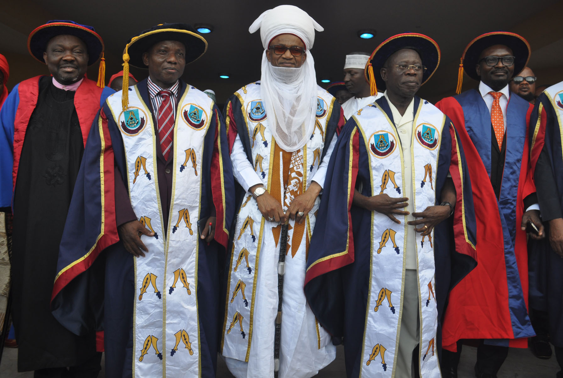 From left: Rt Hon Dr Justin Okonoboh, Speaker, Edo State House of Assembly, Prof Ignatius Onimawo, Vice-Chancellor Ambrose Alli University; HRH Alhaji Yahaya Abubakar, Etsu Nupe and Chancellor; Governor Adams Oshiomhole, Visitor to the Univeristy and Mr Gideon Obhakhan, Commissioner for Education at the 20th Convocation of the University, yesterday.