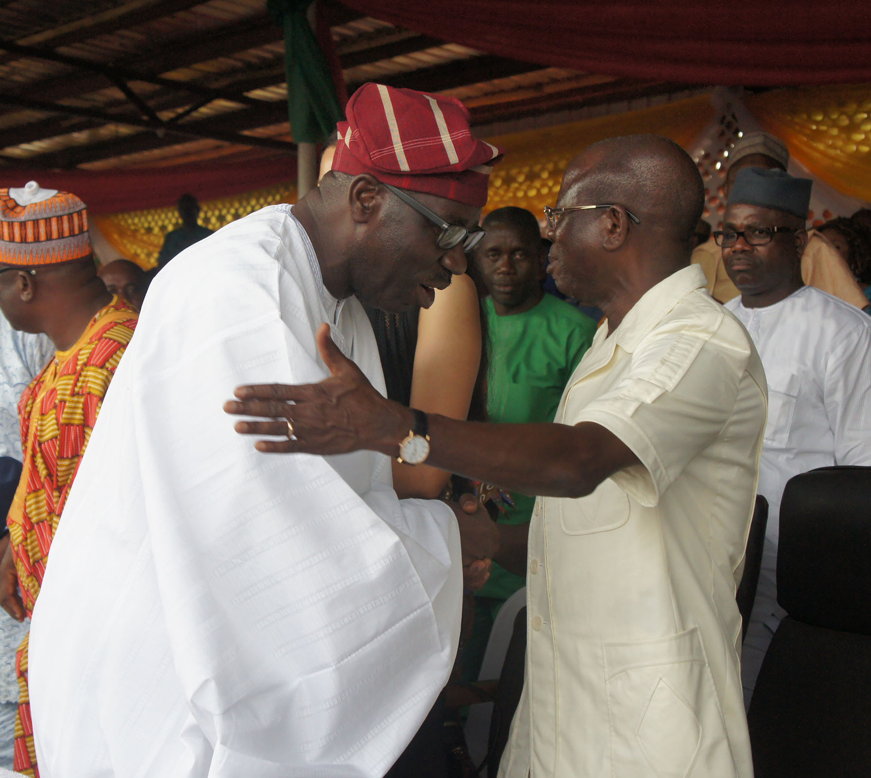 Former Governor of Edo State, Comrade Adams Oshiomhole (right) and Governor Godwin Obaseki at a grand reception for the former Governor at Auchi, on Saturday.