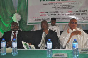 L-R NUJ Benin Chairman, Sir Roland Osakue; Secretary to the State Government, Barr. Osarodion Ogie Esq.; The Obasogie of Benin Kingdom, Chief Eduwu Ekhator paying rapt attention 