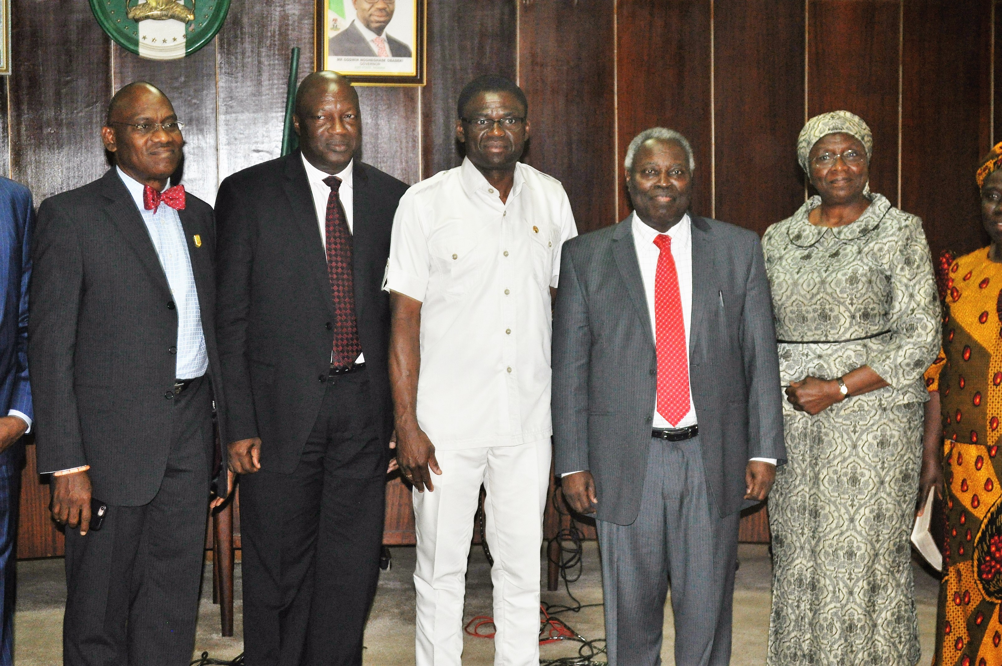 Group photo: L-R: Chief Oseni Elamah, the Executive Chairman, Edo State Internal Revenue Service, The Secretary to the State Government, Osarodion Ogie Esq., the Deputy Governor of 	Edo State, Rt. Hon. Philip Shaibu, Pastor W. F. Kumuyi the General Superintendent of the 	Deeper 	Christian Life Ministry and Mrs. Esther Kumuyi the wife of the General Superintendent 
