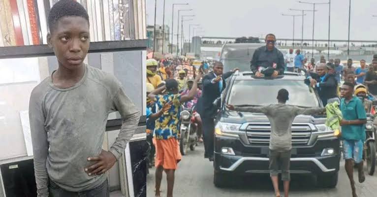 Alabi Quadri, the boy who stood in front of Obi’s convoy during the 2023 campaign. | PHOTO: Inibehe Effiong/X