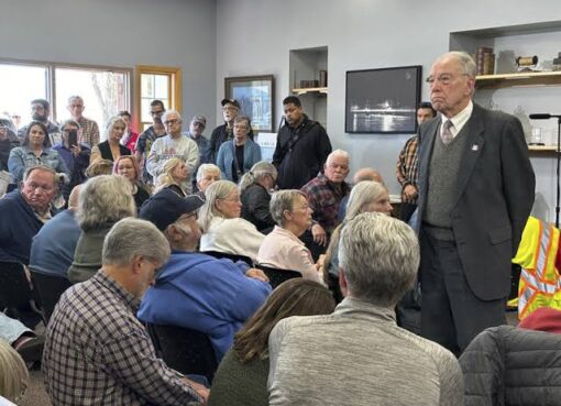 Senator Chuck Grassley, R-Iowa, takes questions at a town hall in Fort Madison, Iowa, Tuesday, April 15, 2025. Hannah Fingerhut/AP